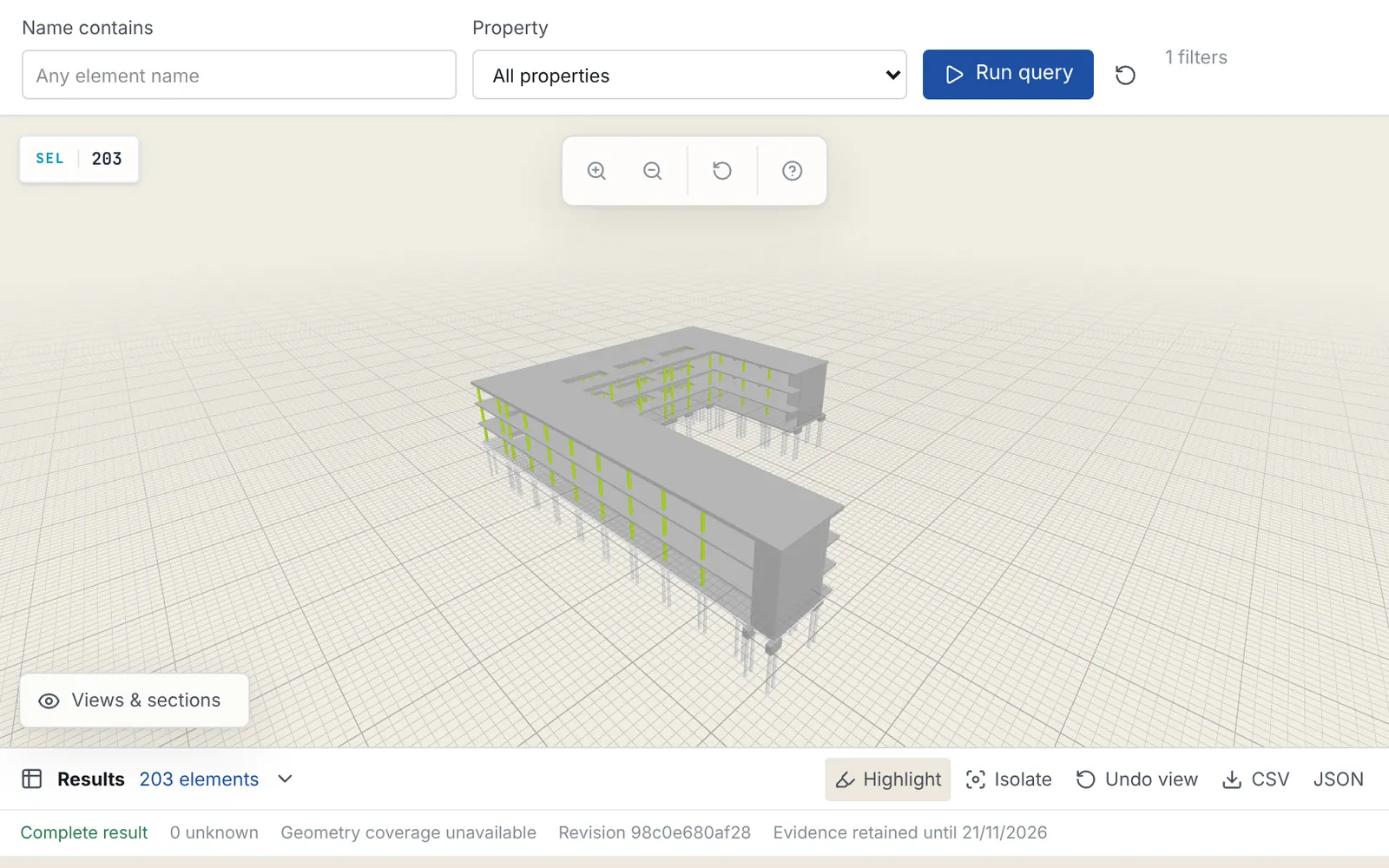 BIM-IFC Workbench: a query selects 203 columns in a school model, highlighted in the 3D view