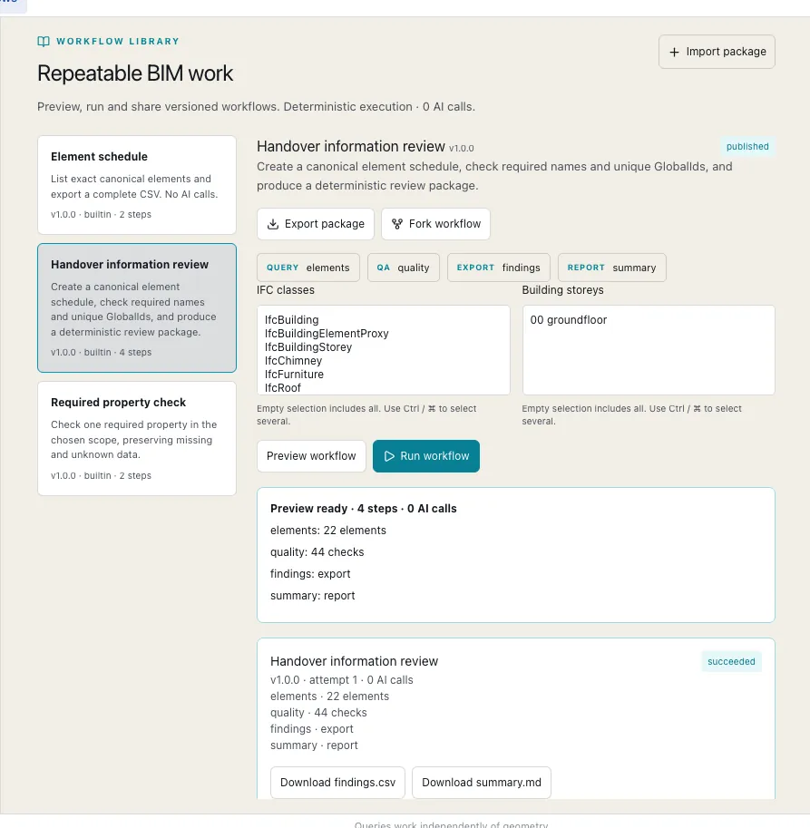 Workflow library: a handover information review workflow with four steps, previewed and run with zero AI calls