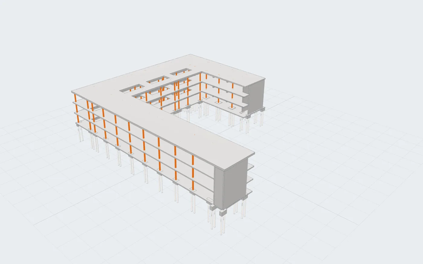 3D view of a school building model in BIM Studio, with its structural columns highlighted in orange