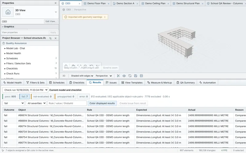 BIM Studio: a 3D model above a table of failing elements